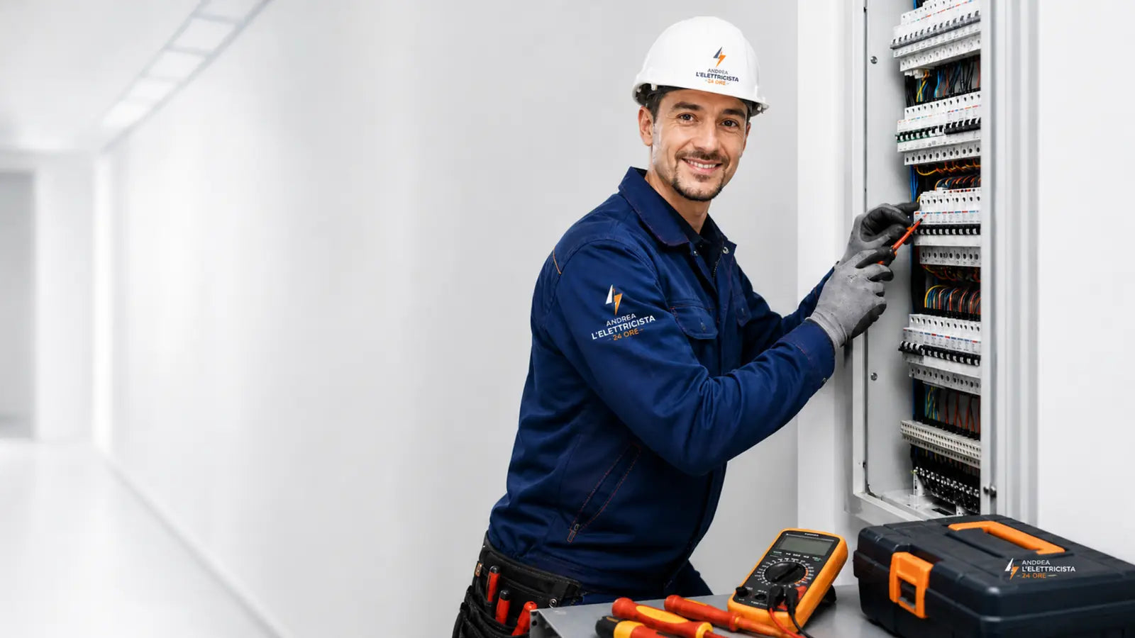 Tecnico elettricista professionale al lavoro su quadro elettrico