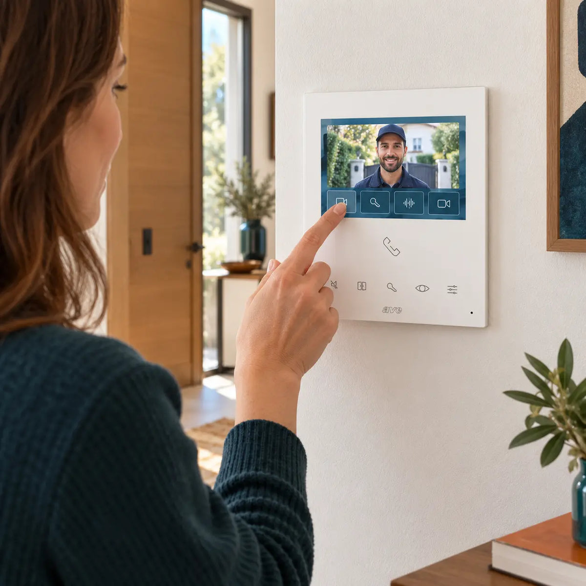 Persona che risponde da un monitor videocitofono smart AVE installato