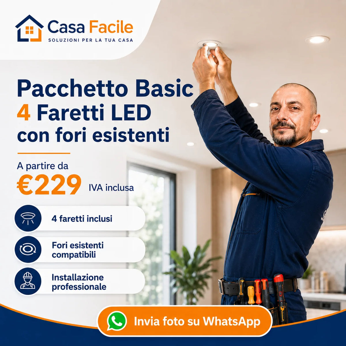 Pacchetto Basic con quattro faretti LED installati su fori esistenti compatibili