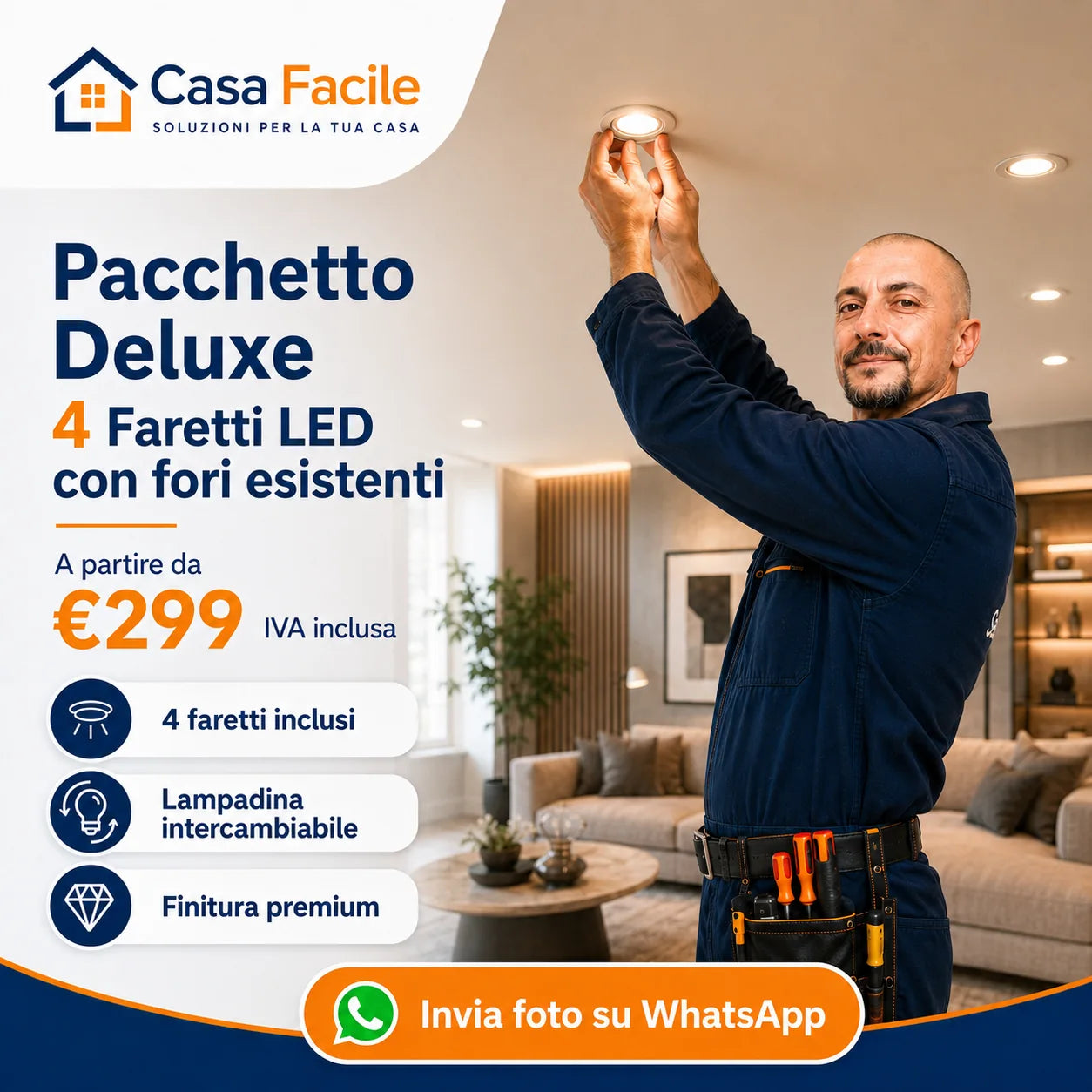 Pacchetto Deluxe con quattro faretti LED e lampadina intercambiabile su fori esistenti