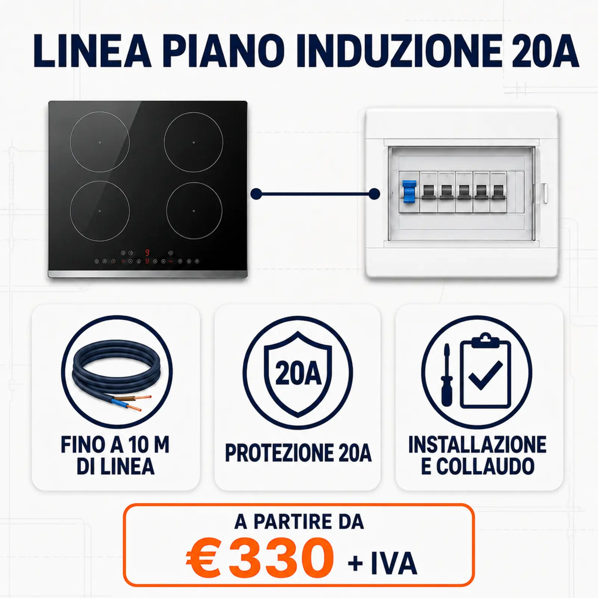 Linea dedicata piano a induzione Standard 20A fino a 10 metri da 330 euro IVA inclusa