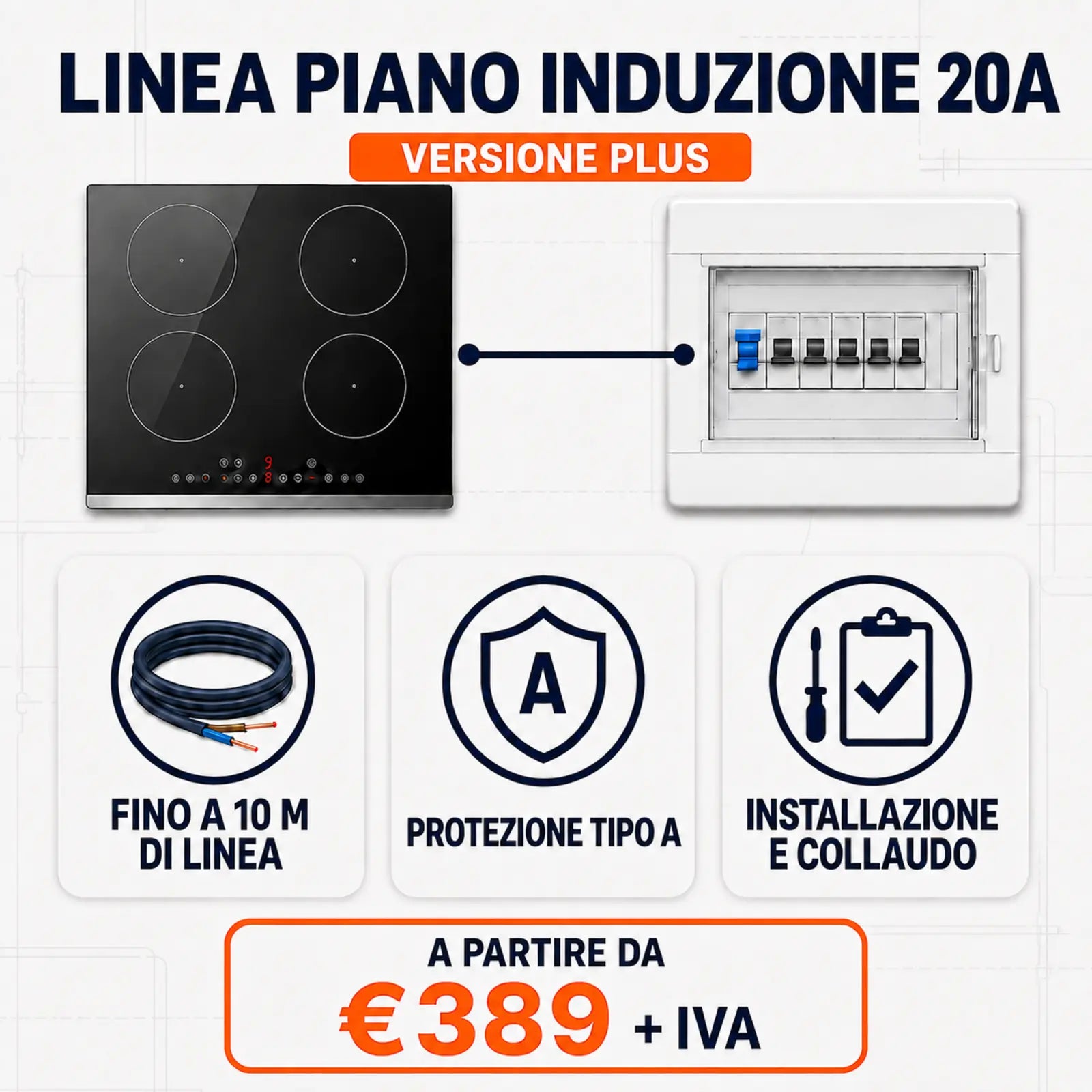 Linea piano a induzione Plus 20A con protezione differenziale Tipo A da 389 euro IVA inclusa