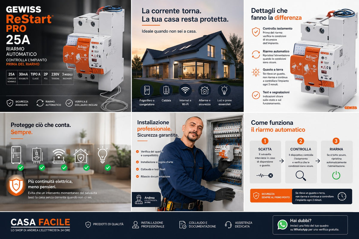 Visual CASA FACILE del kit Salvavita GEWISS ReStart PRO con benefici, installazione e funzionamento