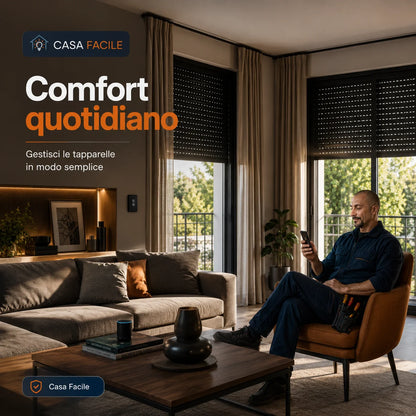 Soggiorno moderno con tapparelle smart per maggiore comfort quotidiano