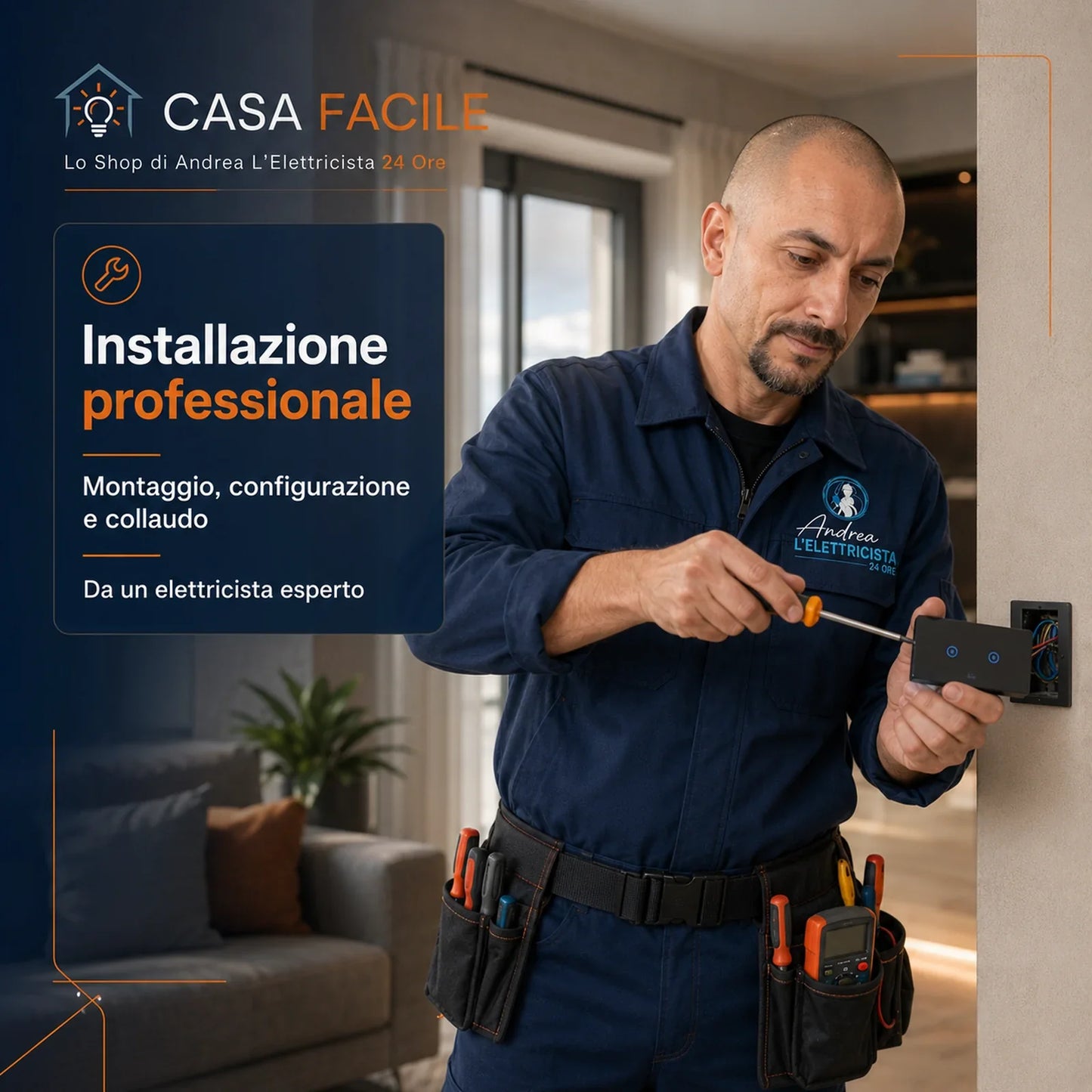 Elettricista durante installazione professionale di un comando per tapparella smart