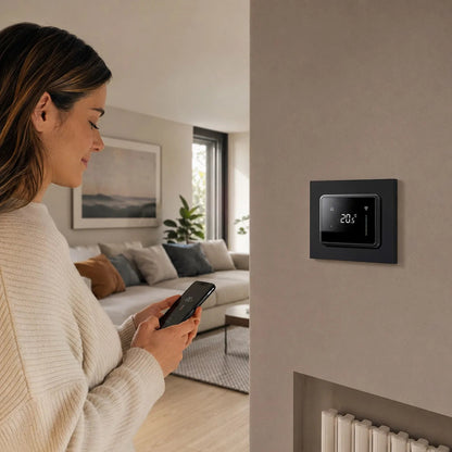 Cronotermostato Smart Wi-Fi AVE T44 Domus bianco in un soggiorno moderno