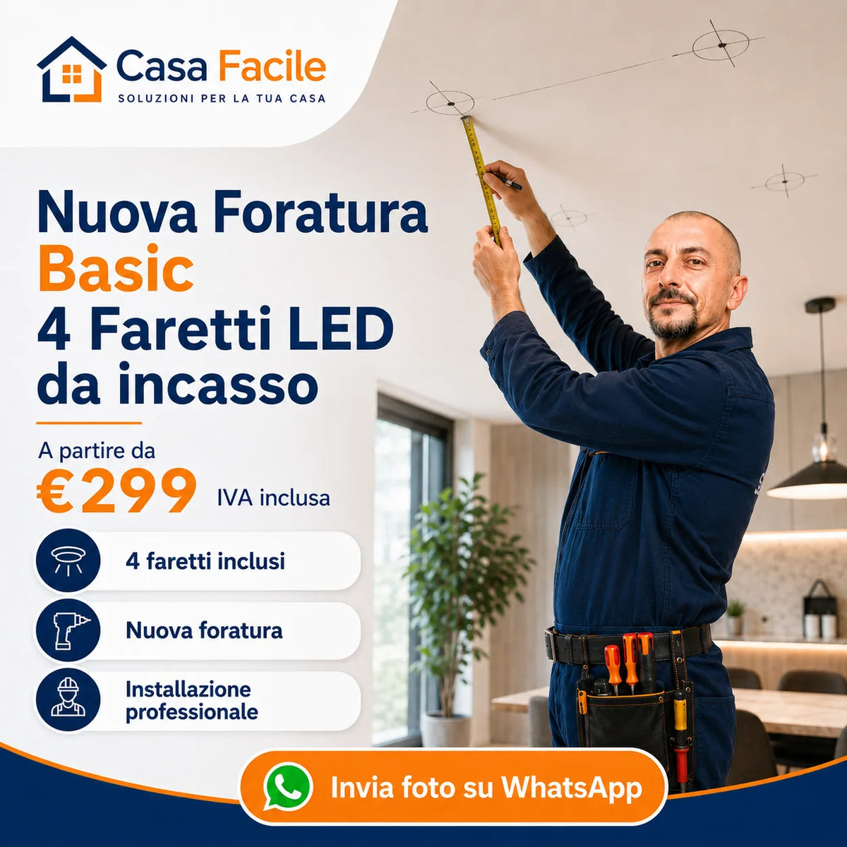Nuova installazione di quattro faretti LED Basic su controsoffitto in cartongesso