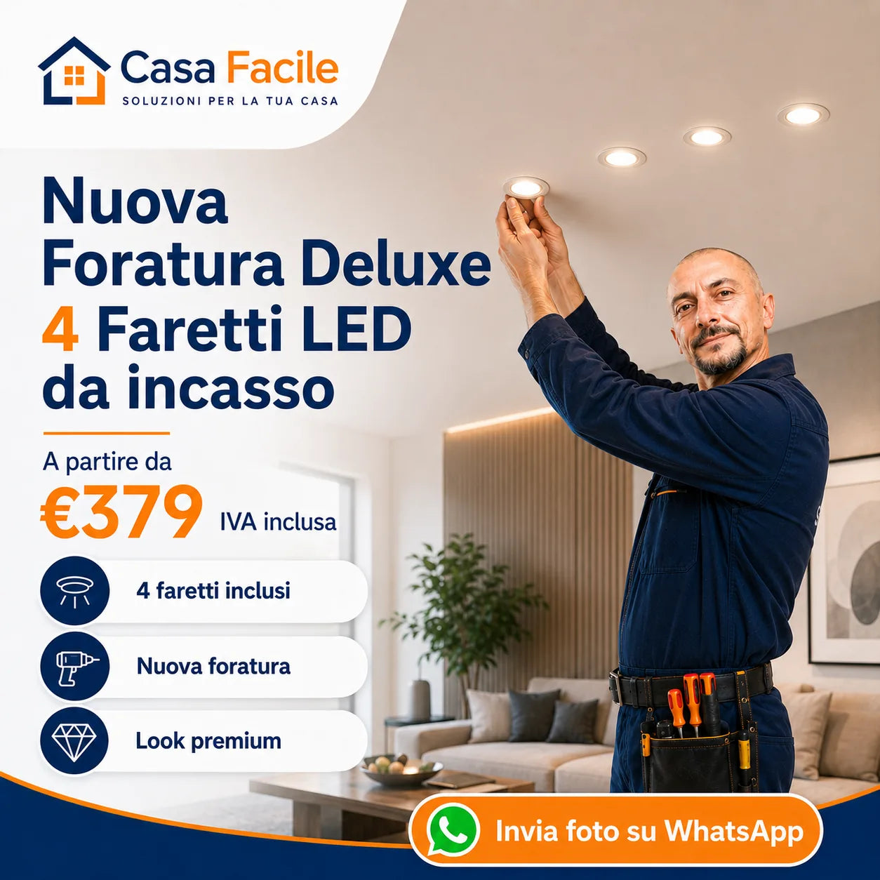 Nuova installazione di quattro faretti LED Deluxe con lampadina intercambiabile