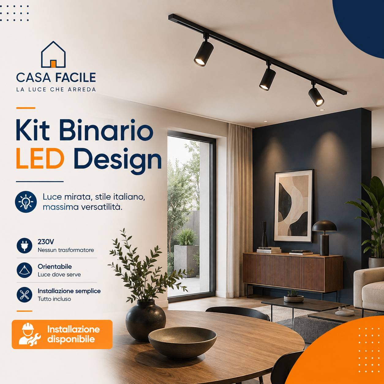 Kit Binario LED Design 230V con 3 faretti Casa Facile