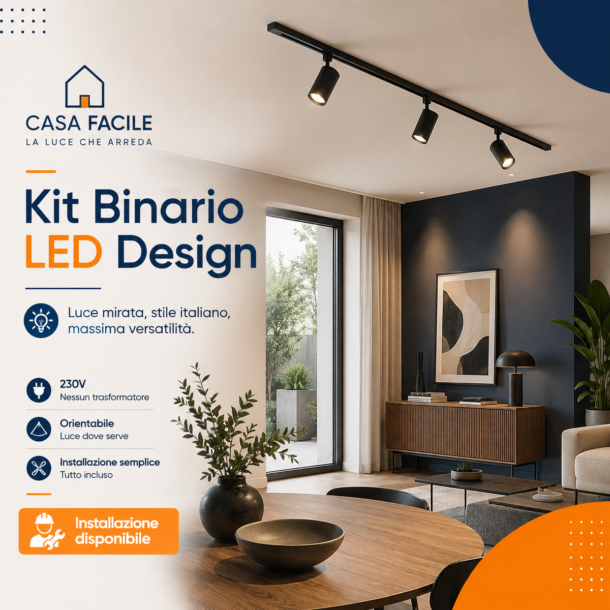 Kit Binario LED Design 230V con 3 faretti Casa Facile