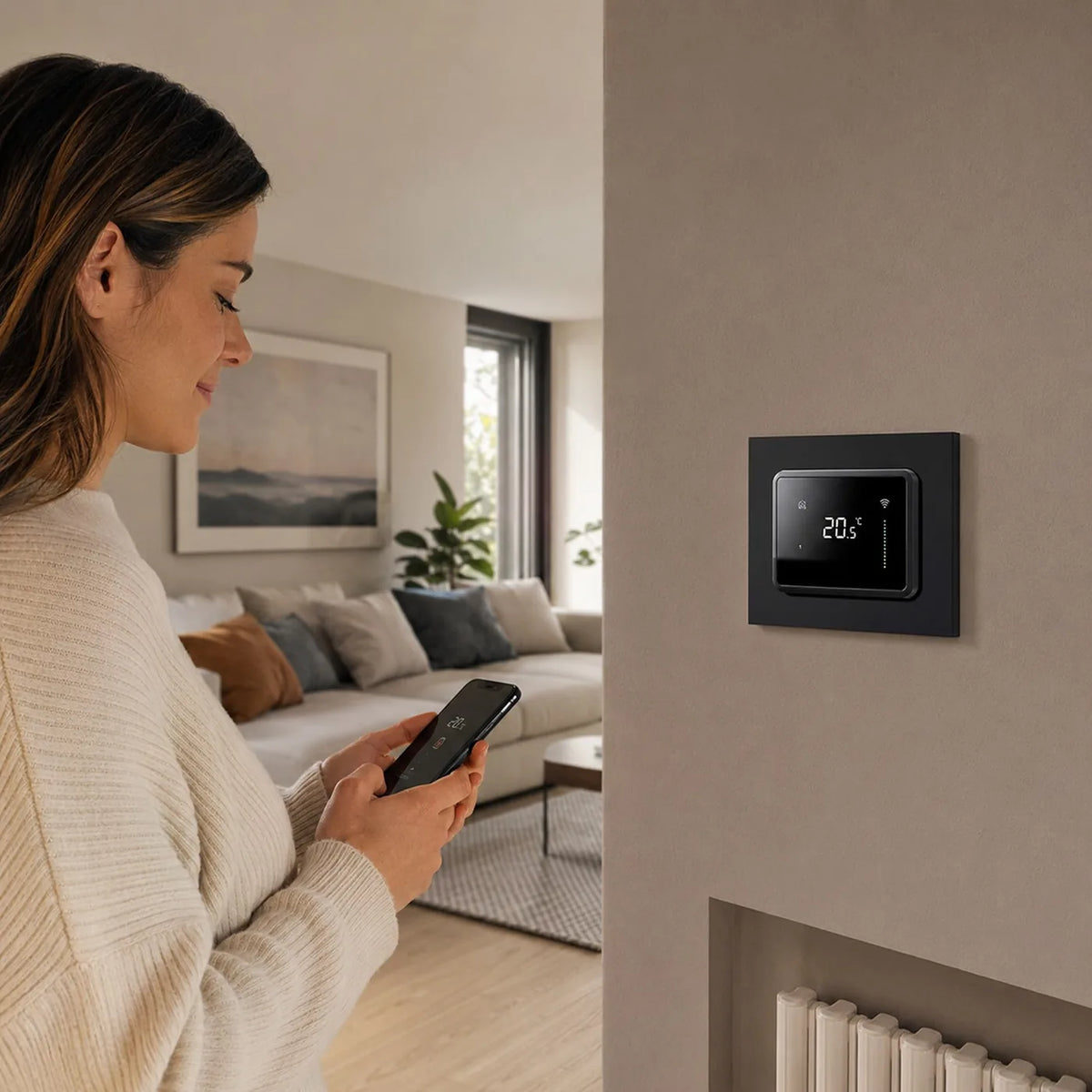 Termostato Smart Wi-Fi AVE installato in un soggiorno moderno a Monza Brianza