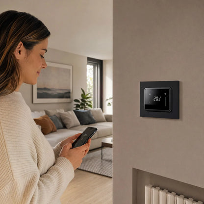 Termostato Smart Wi-Fi AVE installato in un soggiorno moderno a Monza Brianza